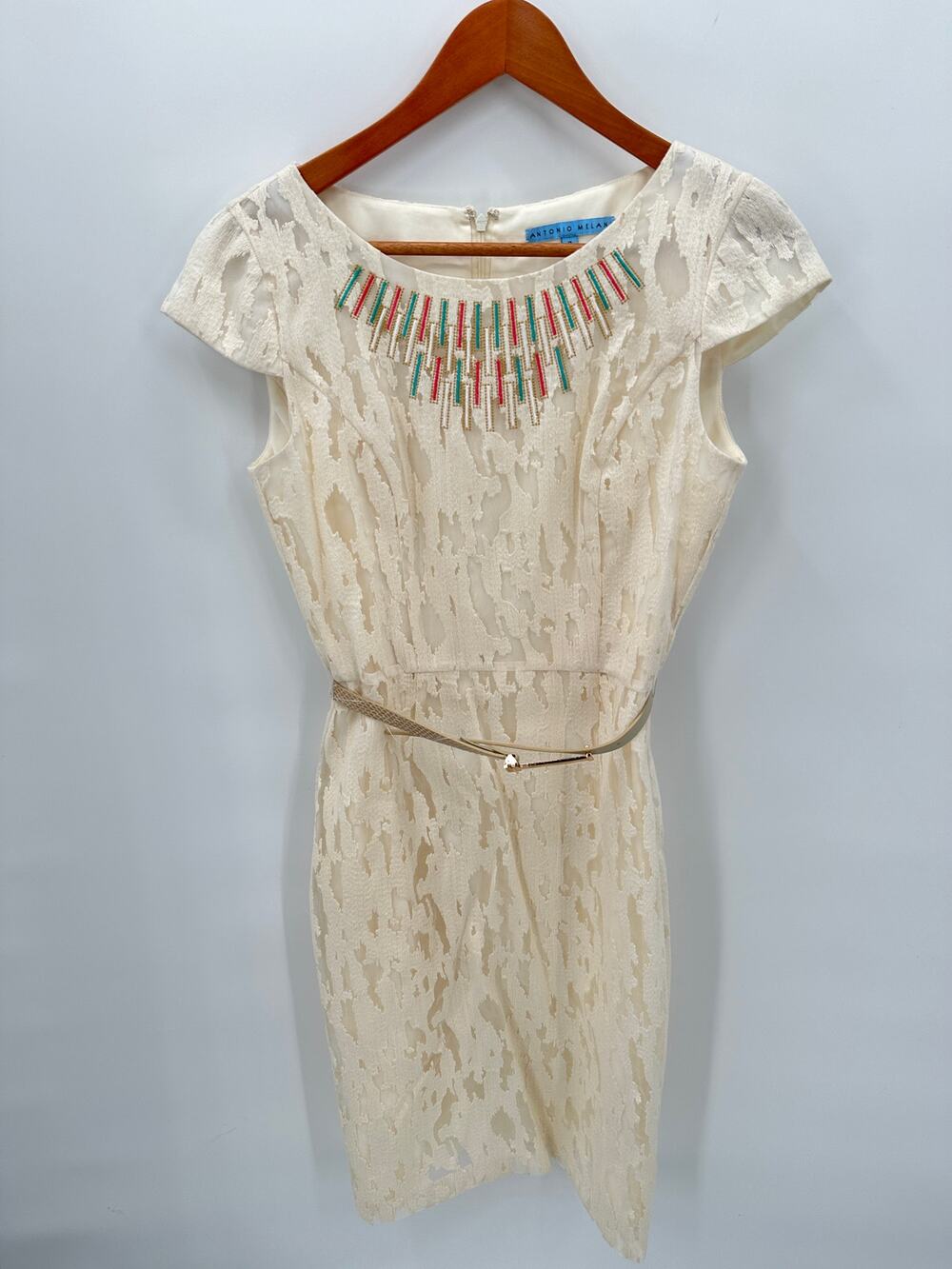 ANTONIO MELANI Ivory Embroidered Lace Cap Sleeve Dress // 2
